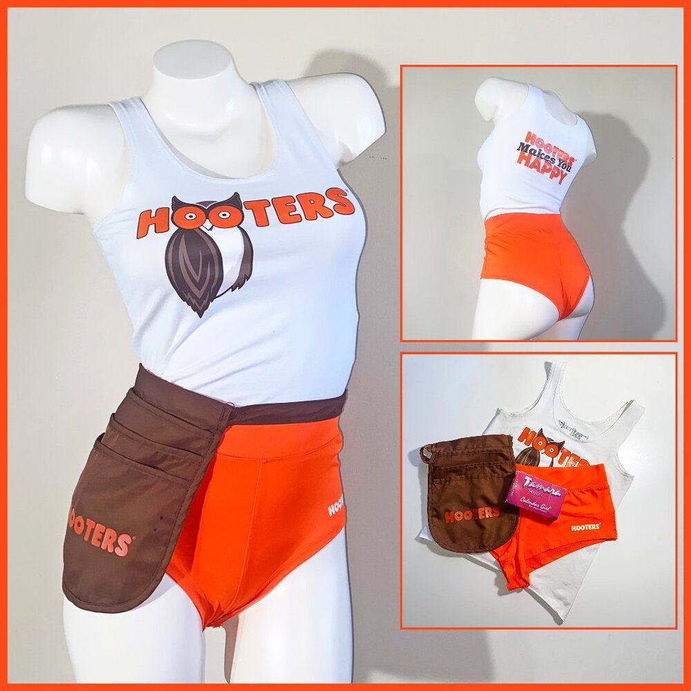 HOOTERS PRE-LOVED FULL UNIFORM TANK TOP BOOTIE SHORTS POUCH & NEW TAMARA TIGHTS